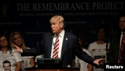 Republican presidential nominee Donald Trump speaks at a campaign event with members of the Remembrance Project, a group formed to honor and remember Americans killed by illegal aliens, in Houston, Texas, September 17, 2016. 