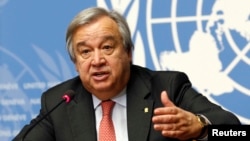 FILE - Antonio Guterres addresses a news conference at the United Nations in Geneva, Switzerland, Dec. 18, 2015. 