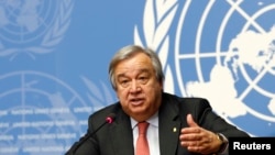 FILE - Antonio Guterres, United Nations High Commissioner for Refugees (UNHCR) addresses a news conference at the United Nations in Geneva, Switzerland, Dec. 18, 2015. 