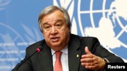 FILE - Antonio Guterres, United Nations High Commissioner for Refugees (UNHCR) addresses a news conference at the United Nations in Geneva, Switzerland, Dec. 18, 2015. 