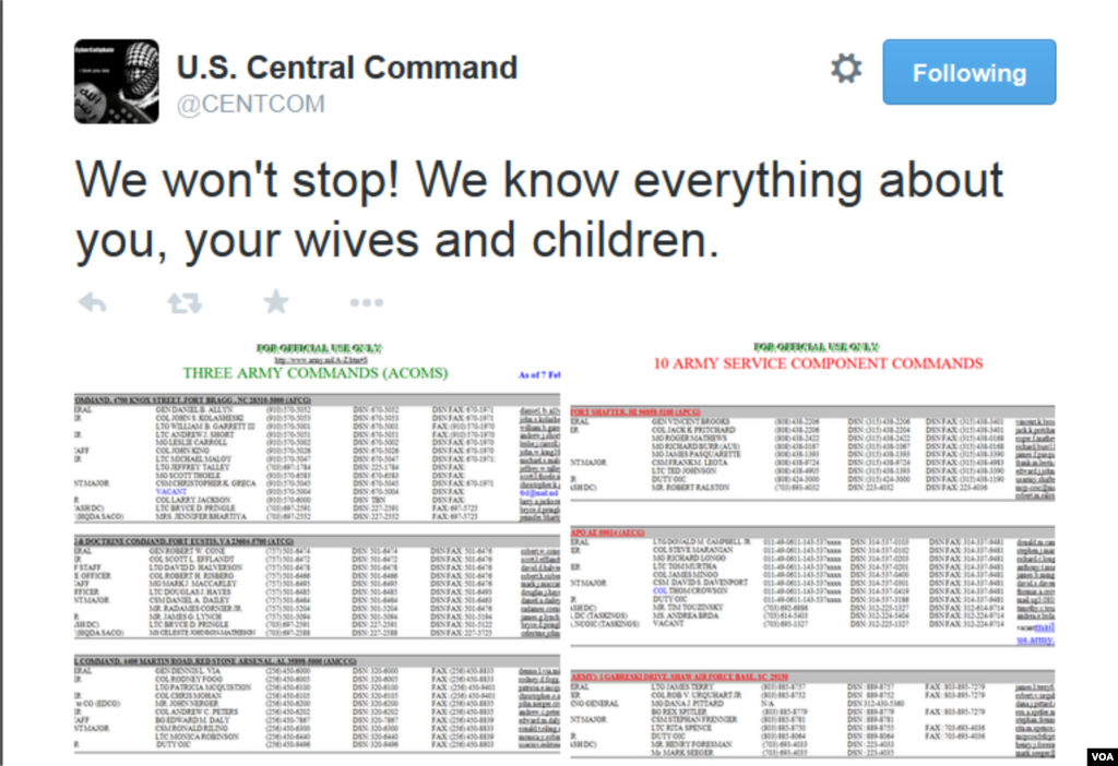Screen shot da conta de Twitter do Comando Central americano com a mensagem dos hackers: &quot;Nõs não vamos parar! Sabemos tudo sobre vocês, sobre as vossas mulheres e filhos&quot;. Jan. 12, 2015.