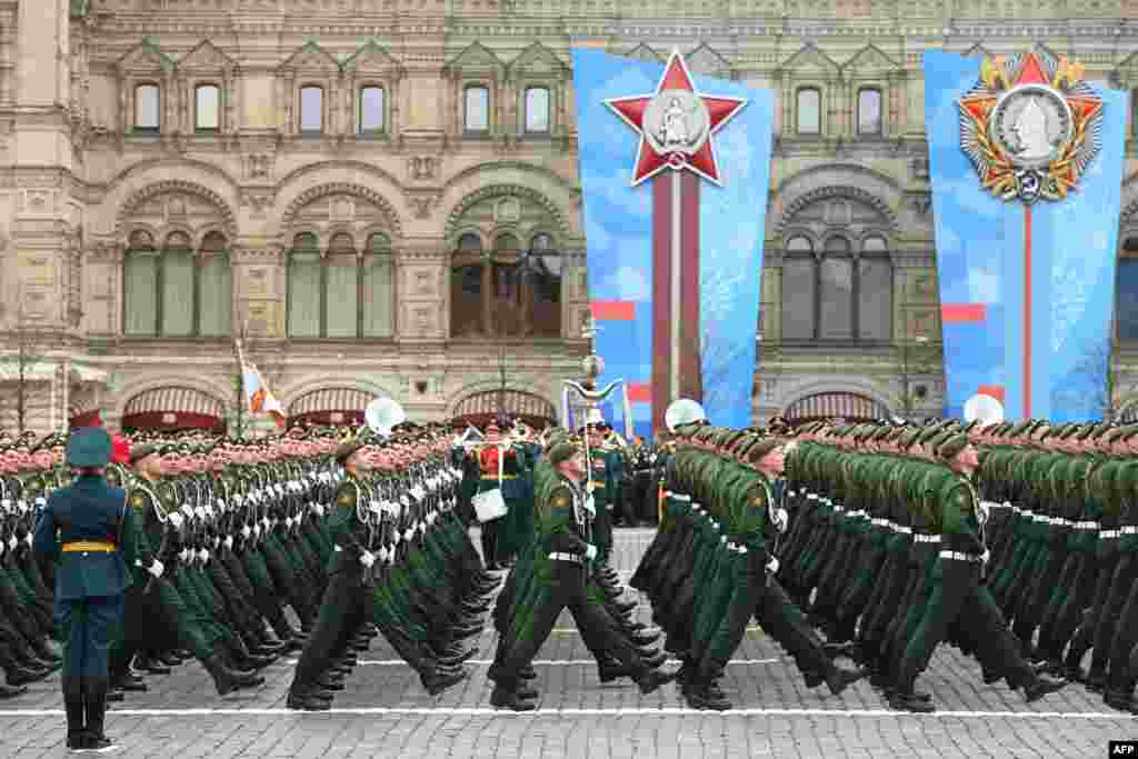Russian servicemen march along Red Square during the Victory Day military parade in Moscow.