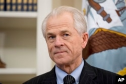 FILE - National Trade Council adviser Peter Navarro waits on President Donald Trump in the Oval Office at the White House, March 31, 2017.