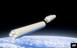 ຮູບພາບວິດີໂອຂອງໂທລະພາບຣັດເຊຍ RU-RTR ຜ່ານໂທລະພາບ AP ທີ 1 ມີນາ 2018 ທີ່ເປັນຮູບພາບຄອມພິວເຕີຈຳລອງ ຍານ Avangard hypersonic ກຳລັງປ່ອຍລູກຈະຫລວດ.