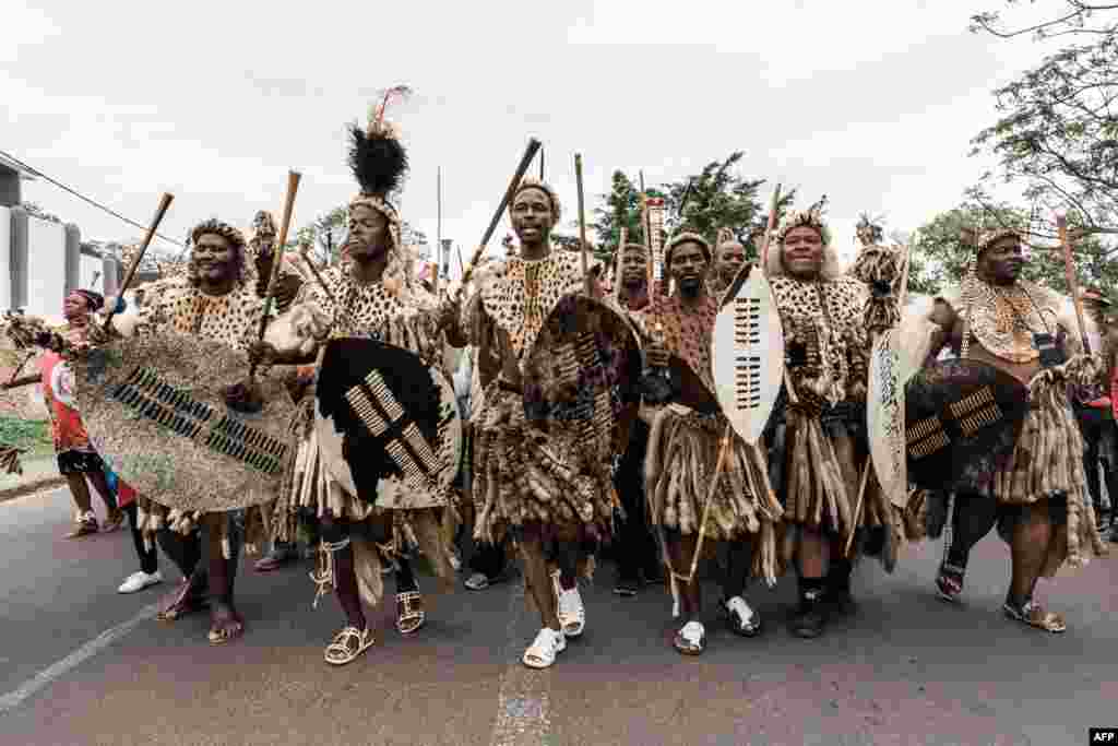 Thousands attired in Zulu traditional regalia gathered to commemorate King Shaka&#39;s Day Celebration near the grave of the great Zulu King Shaka at Kwadukuza, some 98 kilometres north of Durban, South Africa.