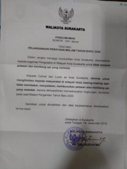 Surat Edaran dari Pemkot Solo yang ditandatangani Walikota Solo soal himbauan pelarangan kembang api dan petasan saat perayaan Tahun Baru 2020. (Sumber: Pemkot Surakarta)
