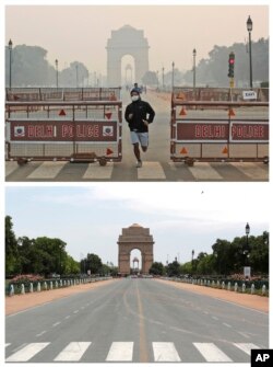 This combination of Monday, Oct. 28, 2019, top, and Monday, April 20, 2020 photos shows India Gate in New Delhi. India's air quality improved drastically during a nationwide lockdown to curb the COVID-19 coronavirus. (AP Photo/Manish Swarup)