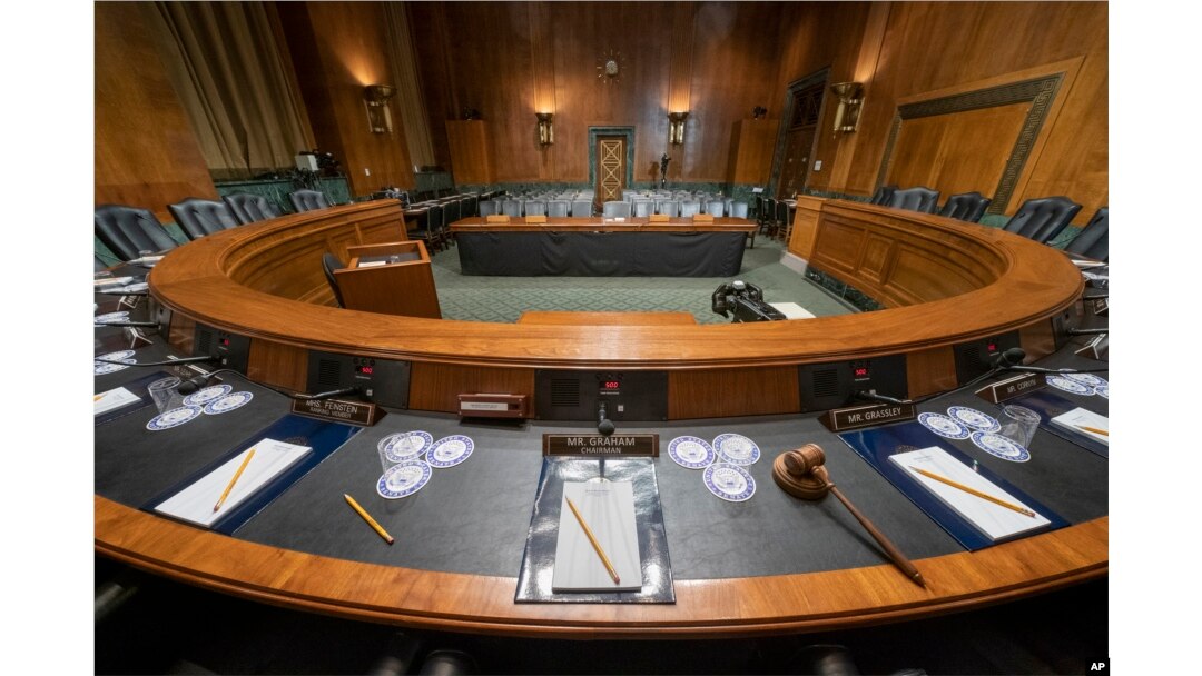 The Senate Judiciary Committee hearing room is prepared for Attorney General William Barr who will face lawmakers' questions Wednesday for the first time since releasing special counsel Robert Mueller's Russia report, on Capitol Hill in Washington, April 30, 2019.
