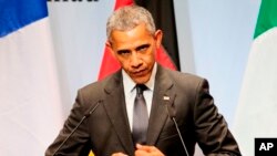 Presiden AS Barack Obama berbicara dalam konferensi pers KTT G7 dekat Garmisch-Partenkirchen, Jerman selatan (8/6). (AP/Markus Schreiber)