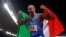 Lamont Jacobs of Italy celebrates after taking the gold medal in the final of the men's 4 x 100-meter relay at the 2020 Summer Olympics, Friday, Aug. 6, 2021, in Tokyo, Japan. (AP Photo/Charlie Riedel)