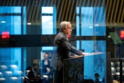 United Nations Secretary-General Antonio Guterres speaks during the 75th annual U.N. General Assembly, which is being held mostly virtually due to the coronavirus pandemic, in the Manhattan borough of New York City, New York, Sept. 22, 2020.