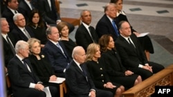 Four former presidents and spouses join U.S. President Joe Biden and Vice President Kamala Harris and spouses at the funeral for former U.S. President Jimmy Carter at the Washington National Cathedral in Washington on Jan. 9, 2025.