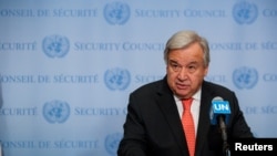 FILE - United Nations Secretary General Antonio Guterres speaks at the Security Council stakeout at the U.N. headquarters in New York, Aug. 1, 2019.