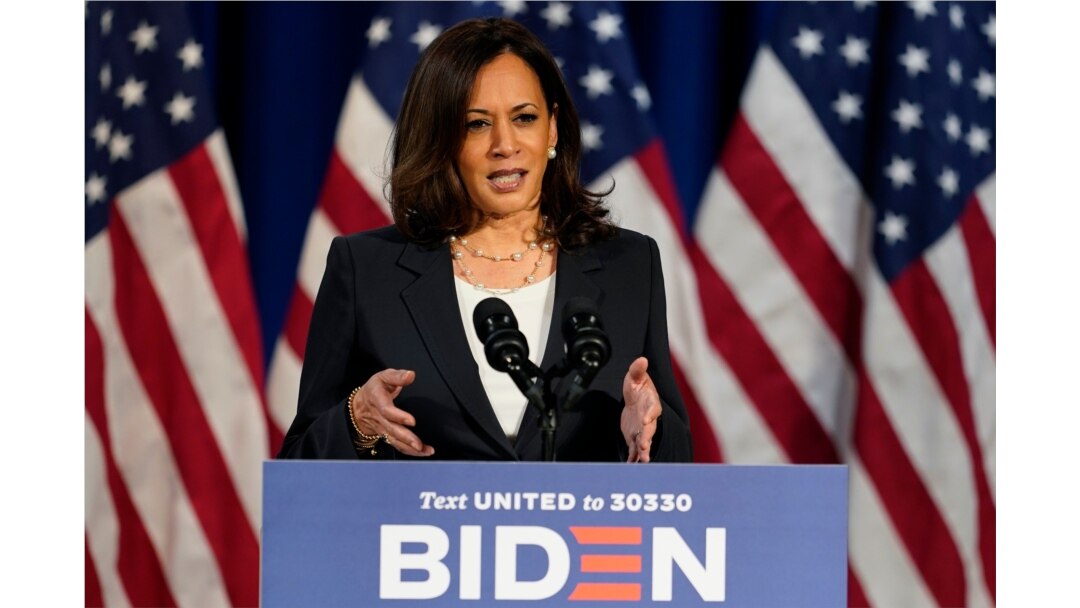 Democratic vice presidential candidate Sen. Kamala Harris, D-Calif., speaks in Washington, Aug. 27, 2020.