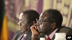 Zimbabwean President Robert Mugabe (r) with Prime Minister Morgan Tsvangirai in Harare, Nov. 11, 2011.