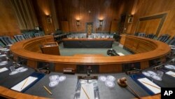The Senate Judiciary Committee hearing room is prepared for Attorney General William Barr who will face lawmakers' questions for the first time since releasing Robert Mueller's Russia report. 