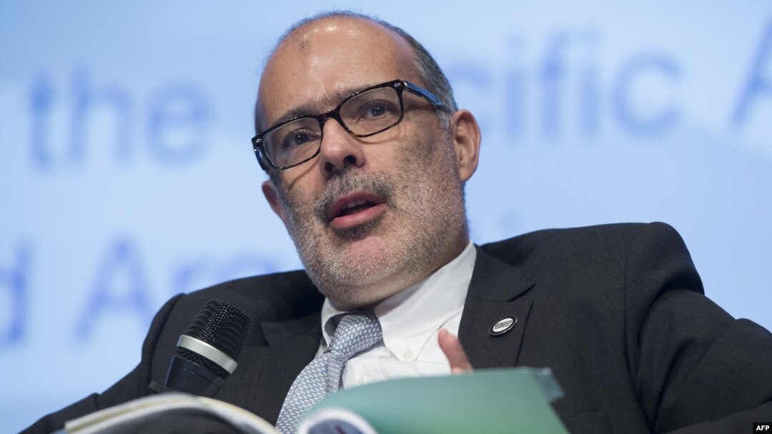 FILE - Chile's Finance Minister Rodrigo Valdes speaks during a panel discussion during the 2016 Annual Meetings of the IMF and the World Bank Group at the World Bank Headquarters in Washington, Oct. 6, 2016.