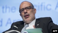 FILE - Chile's Finance Minister Rodrigo Valdes speaks during a panel discussion during the 2016 Annual Meetings of the IMF and the World Bank Group at the World Bank Headquarters in Washington, Oct. 6, 2016.