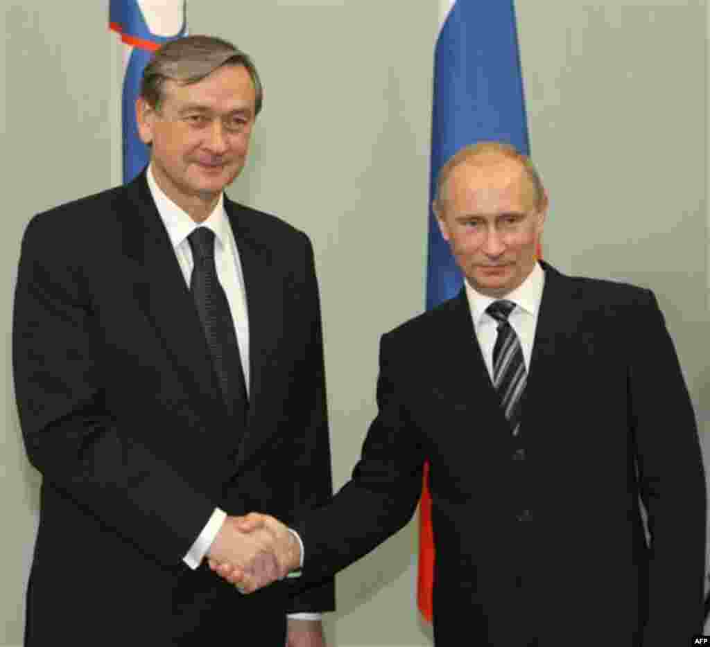 Russian Prime Minister Vladimir Putin, right, shakes hands with Slovenian President Danilo Turk during their meeting in Moscow, Russia, Wednesday, Nov. 17, 2010. (AP Photo/RIA Novosti, Alexei Nikolsky, Pool)