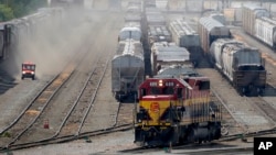 A Canadian Pacific Kansas City rail yard is seen on Aug. 21, 2024, in Kansas City, Missouri. 