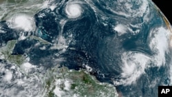 This satellite image provided by NOAA shows five tropical cyclones at 5:20 p.m. GMT Sept. 14, 2020. From left: Hurricane Sally over the Gulf of Mexico, Hurricane Paulette over Bermuda, and the remnants of Tropical Storms Rene, Teddy and Vicky.