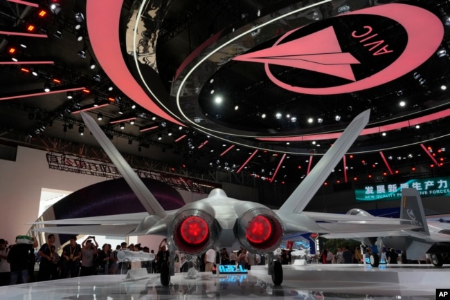 A half-size replica of the J-35A Chinese stealth fighter jet is displayed at the 15th China International Aviation and Aerospace Exhibition, also known as Airshow China 2024, at Zhuhai, Guangdong province, Nov. 12, 2024.