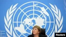 FILE - U.N. High Commissioner for Human Rights Michelle Bachelet attends a news conference at the European headquarters of the United Nations in Geneva, Switzerland, Dec. 9, 2020.