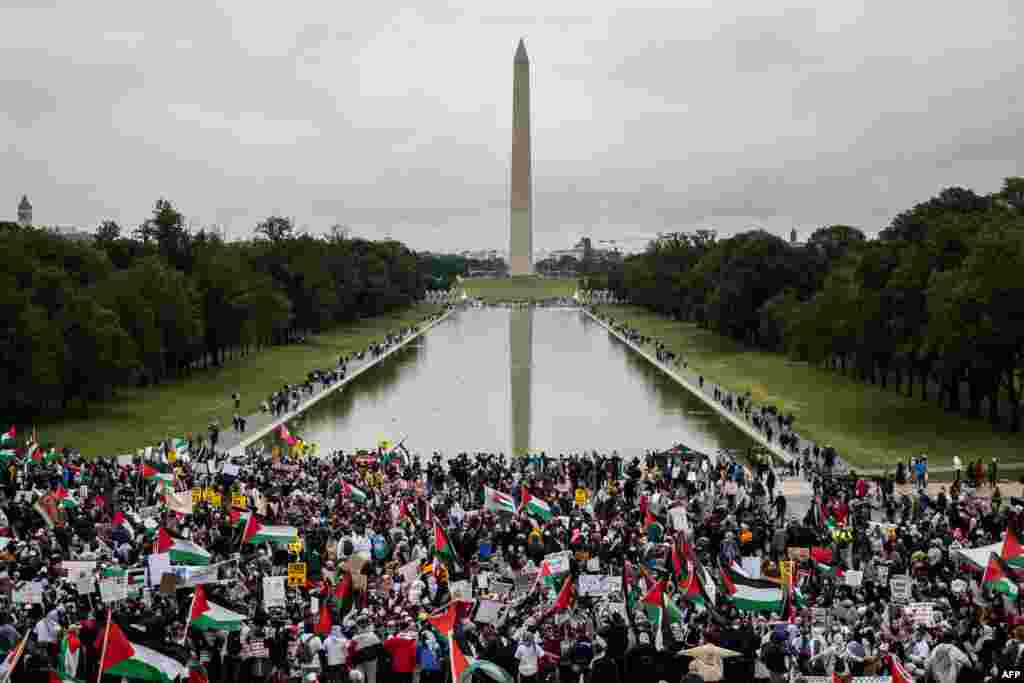 Supporters of Palestine hold a rally at the Lincoln Memorial in Washington, D.C., May 29, 2021. More than 1,000 rallied in support of Palestinians and called for an end of U.S. aid to Israel.