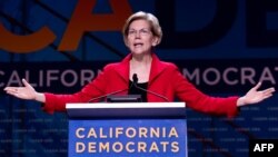 Democratic presidential candidate Elizabeth Warren speaks at the 2019 California Democratic Party State Convention at the Moscone Center in San Francisco, June 1, 2019. She also appeared, with fellow candidates, at a gathering of activists in San Francisco on June 8. 