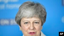 La primera ministra británica, Theresa May, habla en un evento de la campaña electoral de la UE en Bristol, Inglaterra. Foto de archivo.