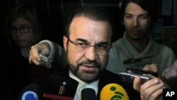 Iran's Ambassador to the International Atomic Energy Agency (IAEA) Reza Najafi speaks to the media before talks with the IAEA at the International Center in Vienna, Austria, Dec. 11, 2013.