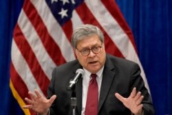 FILE - In this Oct. 15, 2020, file photo, Attorney General William Barr speaks during a roundtable discussion on Operation Legend in St. Louis.