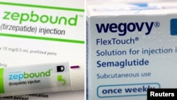 ARCHIVO - Una imagen combinada muestra una pluma de inyección de Zepbound, el fármaco para bajar de peso de Eli Lilly, y cajas de Wegovy, fabricado por Novo Nordisk.