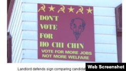 Ông Dunne cho biết ông dựng tấm biển 'Đừng bỏ phiếu cho Ho Chi Chin; bỏ phiếu cho công ăn việc làm chứ không phải phúc lợi' để phản đối những cáo buộc của ứng viên thị trưởng Ben Chin đối với ông. (Ảnh chụp từ trang rapidnewsnetwork)
