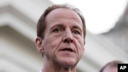 FILE - Americans for Prosperity President Tim Phillips speaks to reporters outside the West Wing of the White House in Washington, March 8, 2017. Top figures in the Koch brothers’ political network offered sharp criticism Saturday of the Senate Republican health care bill.