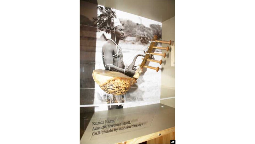 A tortoise shell harp, originally used in the Central African Republic, made by musicologist Andrew Tracey