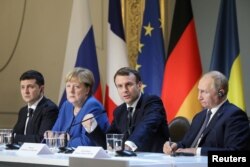 Volodimir Zelenski, Angela Merkel, Emmanuel Makron və Vladimir Putin