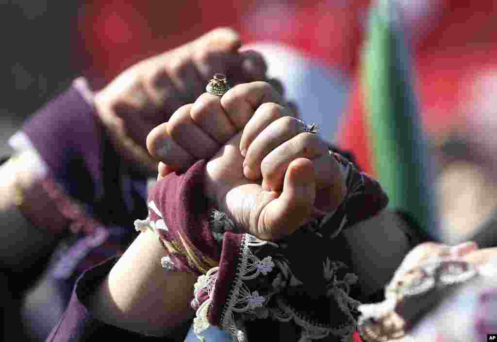 Women protest in Istanbul, Turkey, March 8, 2019, against the imprisonment of women and children in Syrian penitentiaries.