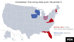 Mitt Romney and Barack Obama are visiting these key swing states on the day before election day.