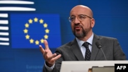 FILE — European Council President Charles Michel addresses a press conference after an extraordinary European Council focused on the war in the Middle East between Israel and Hamas militia, Oct 17, 2023.