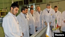 Iran's President Mahmoud Ahmadinejad (2nd L) attends an unveiling ceremony of new nuclear projects, in Tehran, Iran, February 15, 2012.