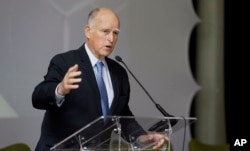 FILE - In this May 24, 2017, photo, California Gov. Jerry Brown speaks during the joint Netherlands and California Environmental Protection Agency conference called, "Climate is Big Business," at the Presidio in San Francisco.