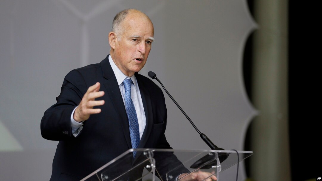 FILE - In this May 24, 2017, photo, California Gov. Jerry Brown speaks during the joint Netherlands and California Environmental Protection Agency conference called, "Climate is Big Business," at the Presidio in San Francisco.