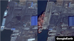 북한 송림 항의 지난해 10월(왼쪽)과 지난달 22일 모습을 비교한 위성사진. 지난해 10월에는 곳곳에 석탄이 가득하고, 선박에 적재 작업이 이뤄지고 있지만, 4월 사진에는 움직임이 크게 둔화된 모습이 확인된다. 구글 어스 이미지.