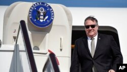 U.S. Secretary of State Mike Pompeo arrives at Manama International Airport in Manama, Bahrain, Jan. 11, 2019. 