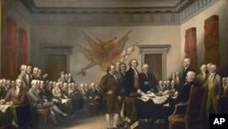 画家描绘独立宣言起草小组把宣言递交给大陆会议