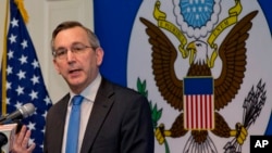 FILE - Scot Marciel, U.S. Ambassador to Myanmar, addresses the audience during his first public speech as the ambassador to Myanmar in Yangon, Myanmar, May 10, 2016. 