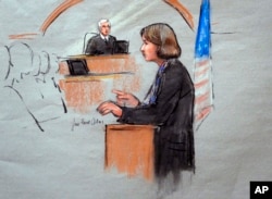 In this courtroom sketch, defense attorney Judy Clarke is depicted delivering opening statements in front of U.S. District Judge George O'Toole Jr., on the first day of the federal death penalty trial of Dzhokhar Tsarnaev, March 4, 2015, in Boston.