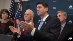 House Speaker Paul Ryan (foreground) is joined by fellow Republicans, including Vice President-elect Mike Pence (second left), at a news conference following a closed-door meeting at the Capitol in Washington, Jan. 4, 2017. Both Ryan and Pence have vowed to repeal and replace President Obama's healthcare law now that their party is in control of the White House and Congress.