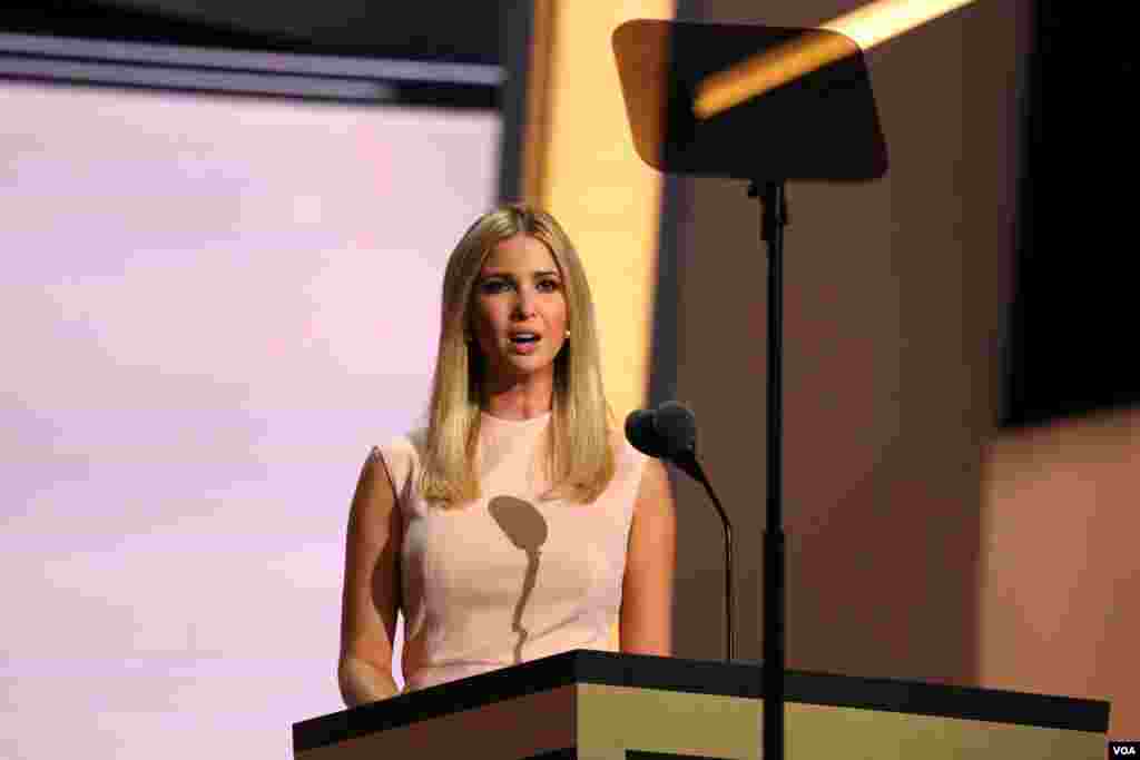 A businesswoman and former model, Ivanka Trump's speech was peppered with stories from her childhood. She says Donald Trump has made wage equality a practice in his company throughout his entire career. (A. Shaker/VOA)